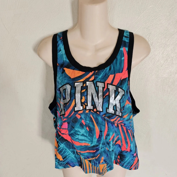 Victoria’s Secret Pink Multicolor Tropical Floral Logo Tank Top Size Women’s Med - Picture 5 of 11